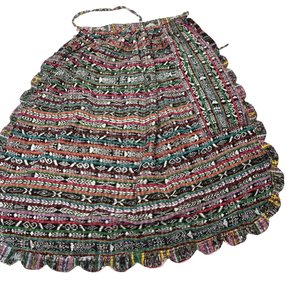 Vintage Boho Woven Apron Multicolor Ethnic‎ Stripe Pink Floral Trim Zipper 48''
